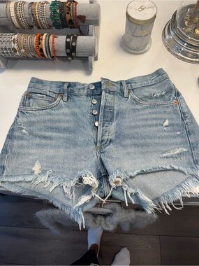 AGOLDE Light Blue Distressed High-Rise Denim Shorts